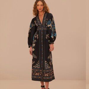 FARM RIO blossom tapestry black midi dress